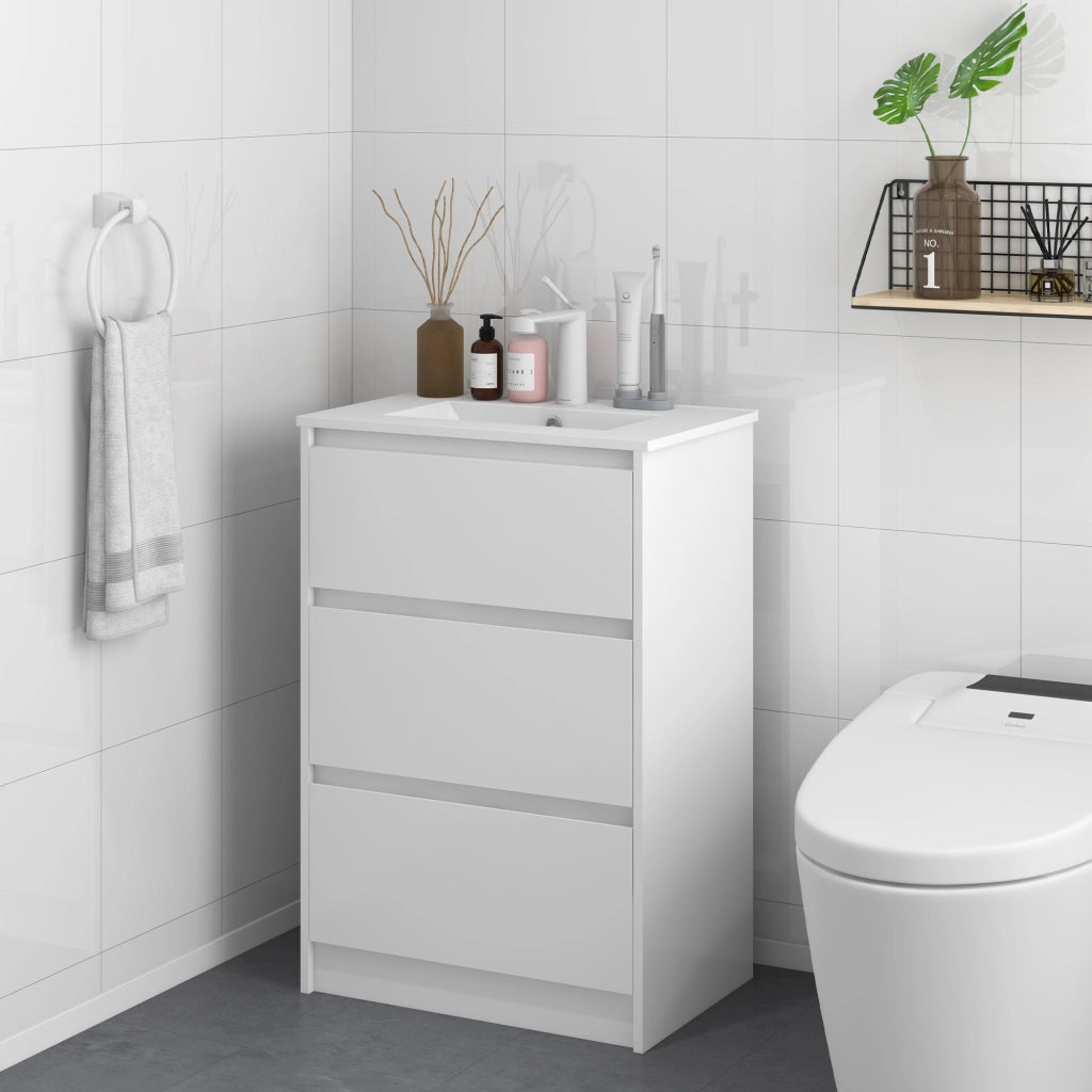 Mobile da Bagno con 2 Cassetti e Lavabo in Ceramica ¨C Zephmum ¨C 61x37x88 cm Bianco Lucido