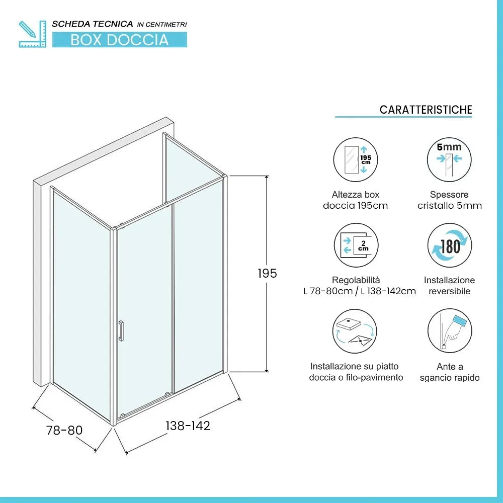 Box doccia 3 lati 80x140x80 nero opaco con porta scorrevole  Tay