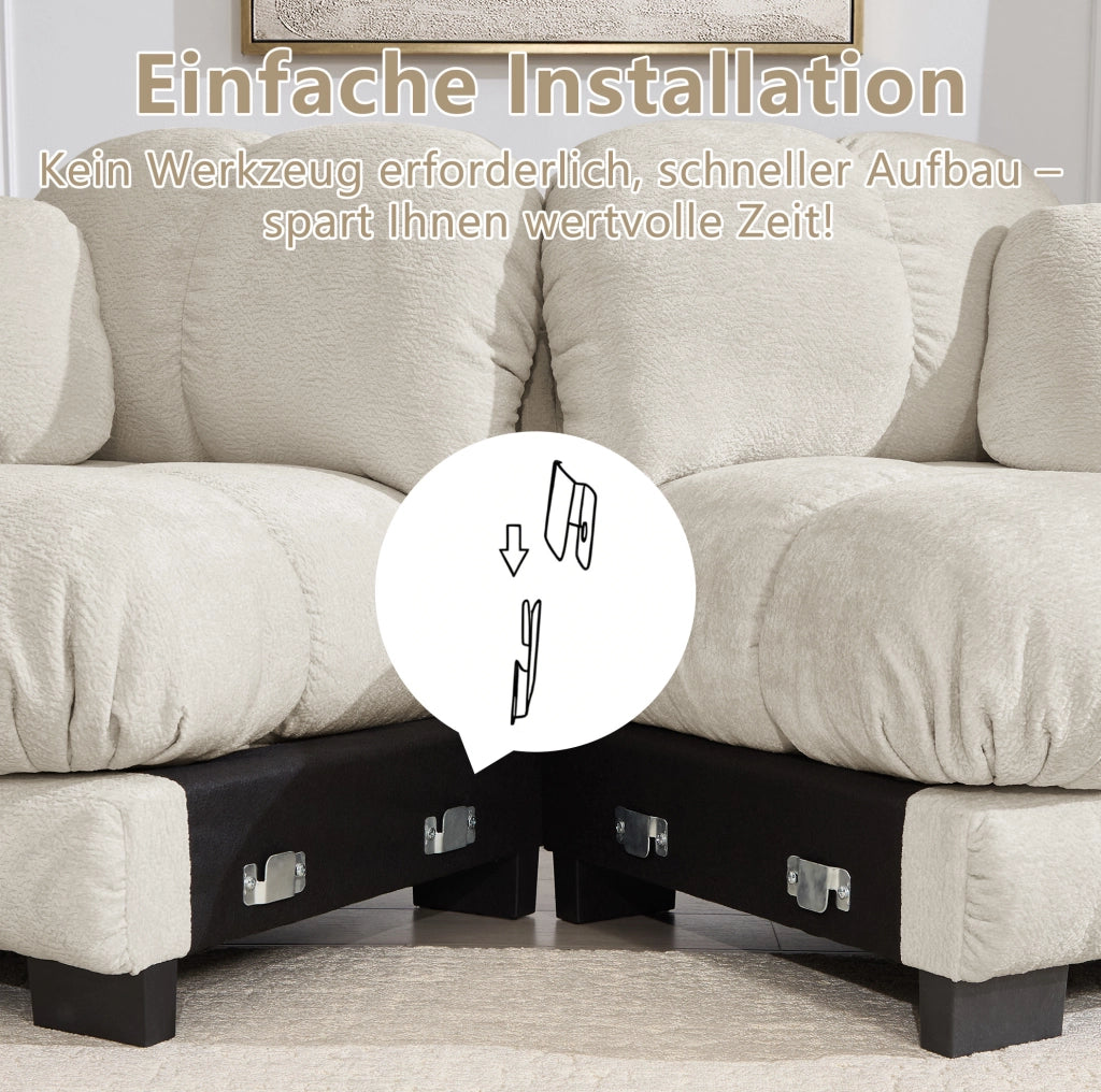 Divano modulare 4 posti in chenille con cuciture trapuntate 330x86x90 cm; kaki chiaro
