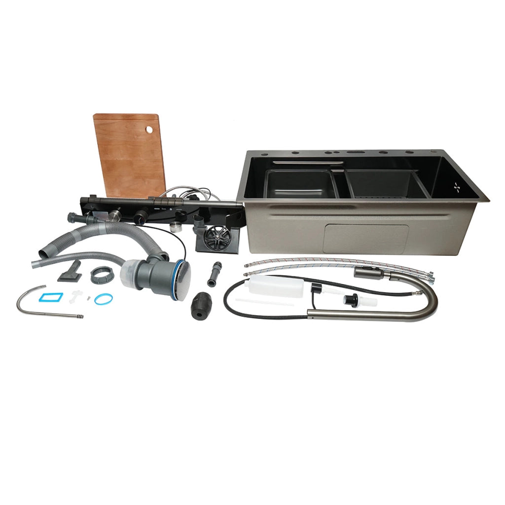 Lavello da cucina multifunzionale in acciaio inox con due rubinetti, display digitale della temperatura, due rubinetti a cascata, lavapentole, scolapiatti, vassoio, tagliere e accessori inclusi, dimensioni 75×46×22 cm.