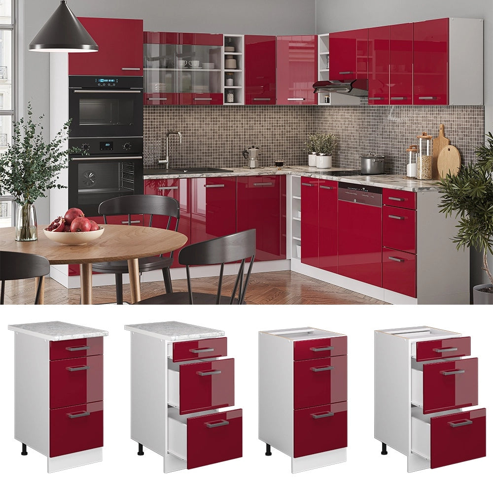 Mobiletto base per cucina R-Line Rosso lucido/Bianco 40 cm con cassetti, senza piano di lavoro Vicco