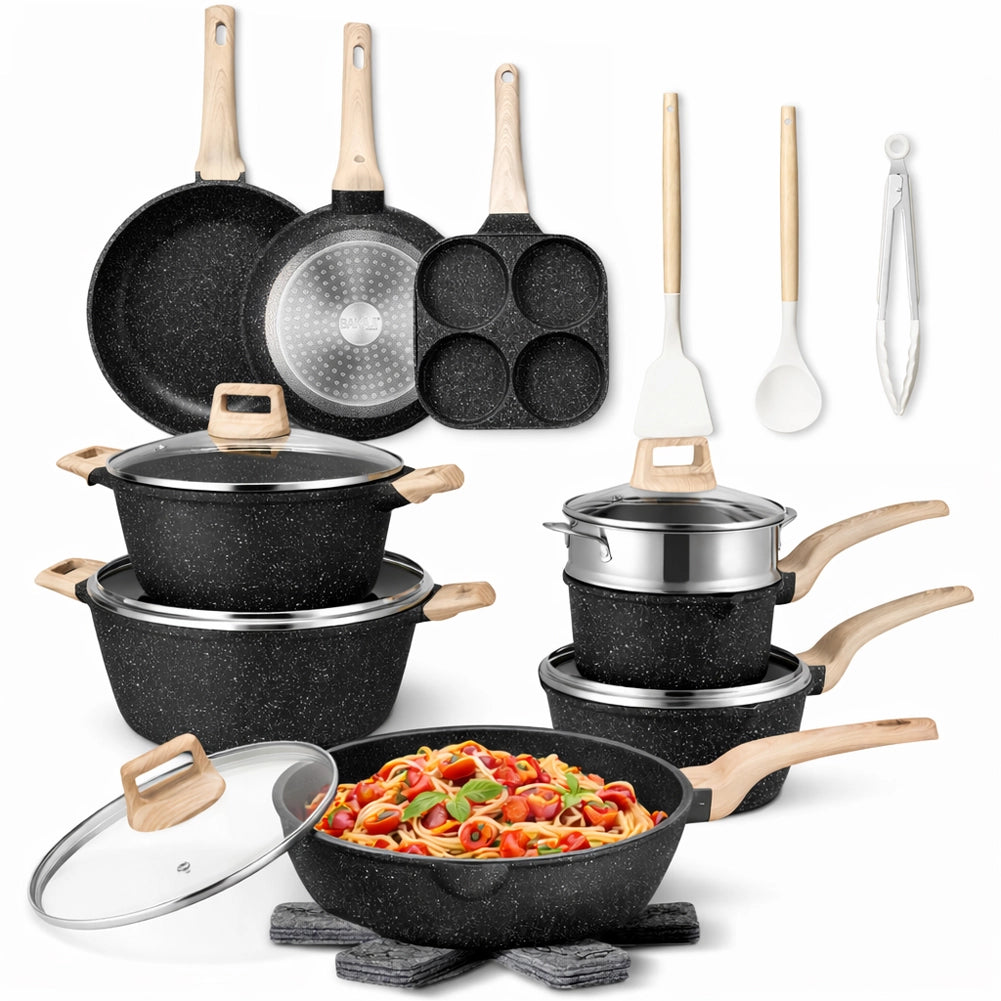 Batteria Pentole e Padelle 21 Pezzi Nero in Alluminio Pressofuso Antiaderente