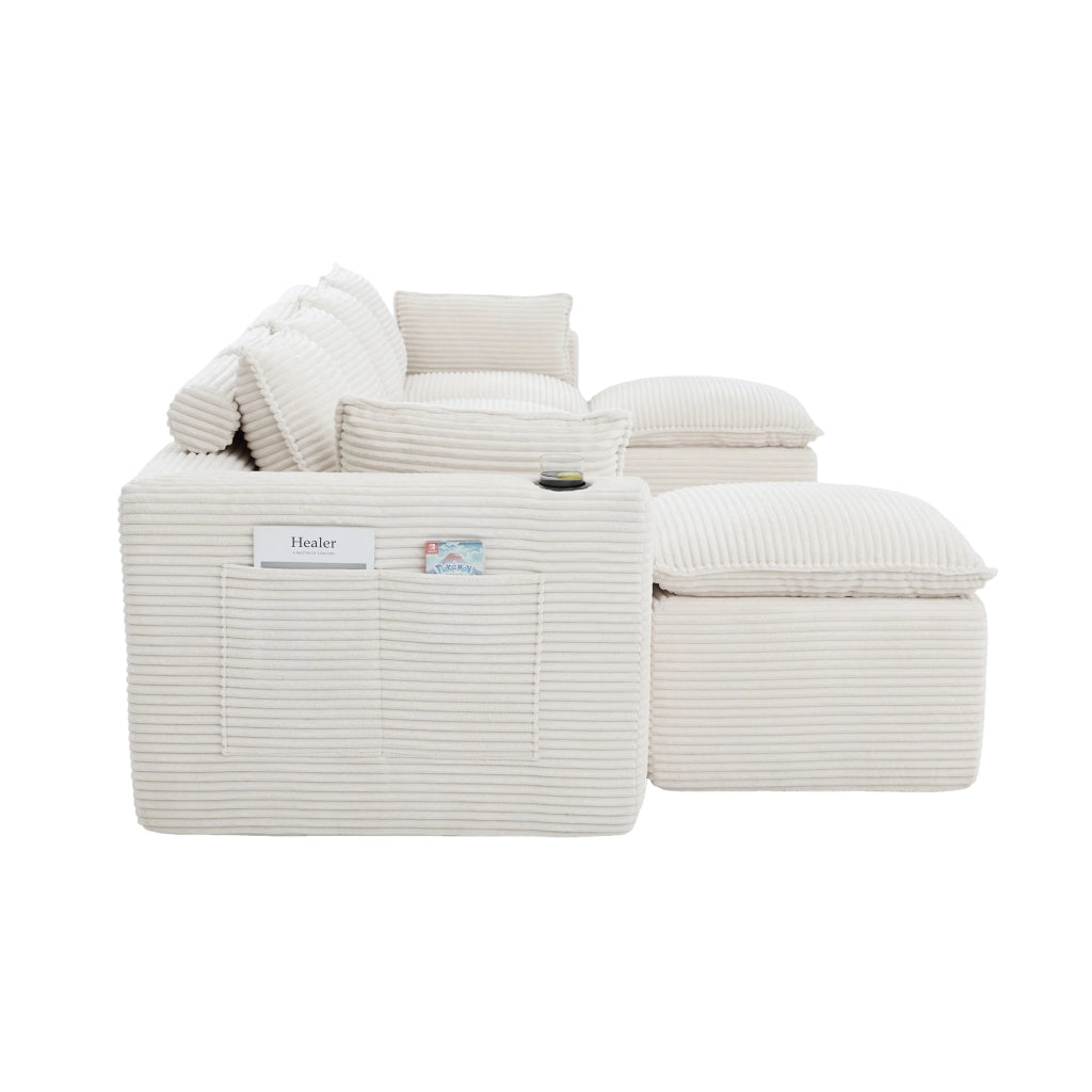 Divano modulare 4 posti in velluto a coste beige con 2 pouf e portabicchieri
