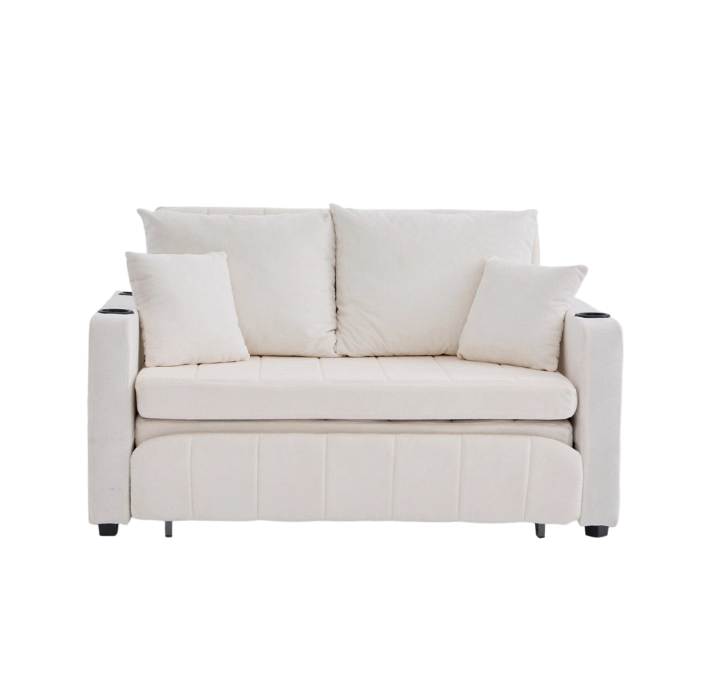 Divano letto convertibile 139x73x83 cm beige con USB, portabicchieri e tasche