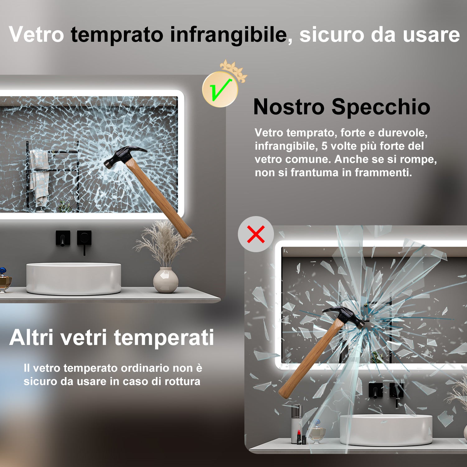 AICA Specchio da bagno  70 x 120 cm, dimmerabile, Blue tooth, Funzione Memoria, antiappannamento, 3 colori