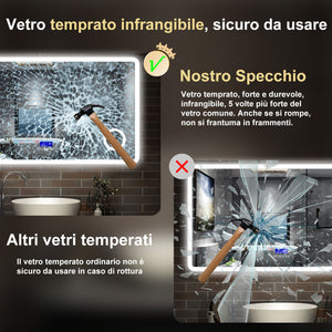 120 x 70 cm,AICA Specchio da Bagno LED con Luce, 3 Colori Regolabili,Blue tooth, Ingrandimento, orologio,memoria, antiappannamento,CRI>90,autospegnimento