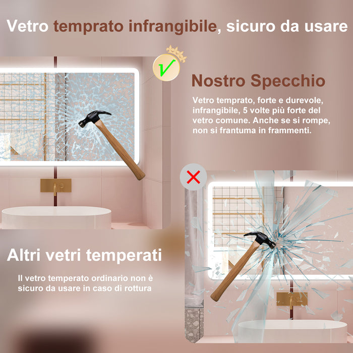 AICA Specchio da bagno  70 x 120 cm, dimmerabile, Blue tooth, Funzione Memoria, antiappannamento, 3 colori