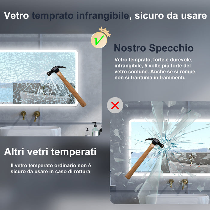 Specchio da bagno Rettangolare con 120x70cm,Blue tooth,3 colori,Memoria, Antifog,Regorabile,Retroilluminato,doppio interruttore,