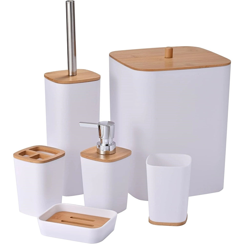 Trade Shop - Set Accessori Bagno In Bambù 6 Pz Moderno Bidone Spazzatura Portasapone Dispenser - Bianco