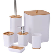 Trade Shop - Set Accessori Bagno In Bambù 6 Pz Moderno Bidone Spazzatura Portasapone Dispenser - Bianco