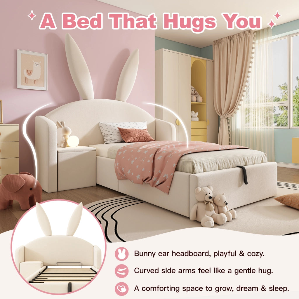 Letto per bambini 90 × 200 cm con contenitore idraulico, comodino reversibile, senza materasso, beige