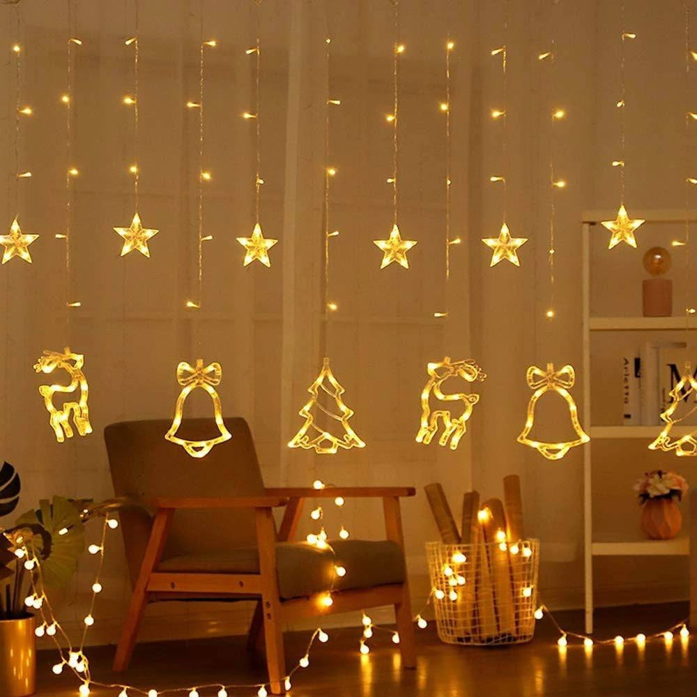 Trade Shop - Luci Tende Led 12 Lampade Campane Alberi Natale Decorazioni A Corrente Bianco Caldo -