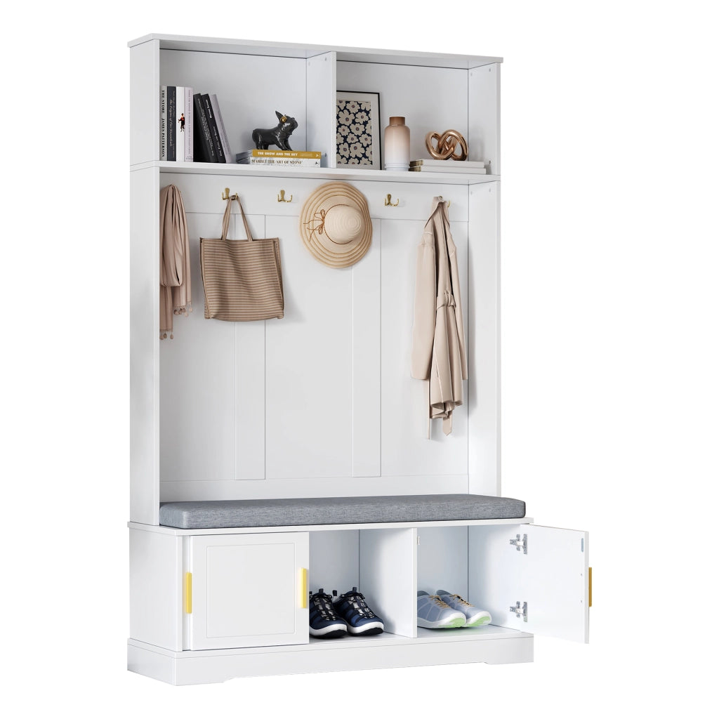 Appendiabiti da ingresso con panca portascarpe, 6 ganci, bianco, 120¡Á40¡Á191 cm