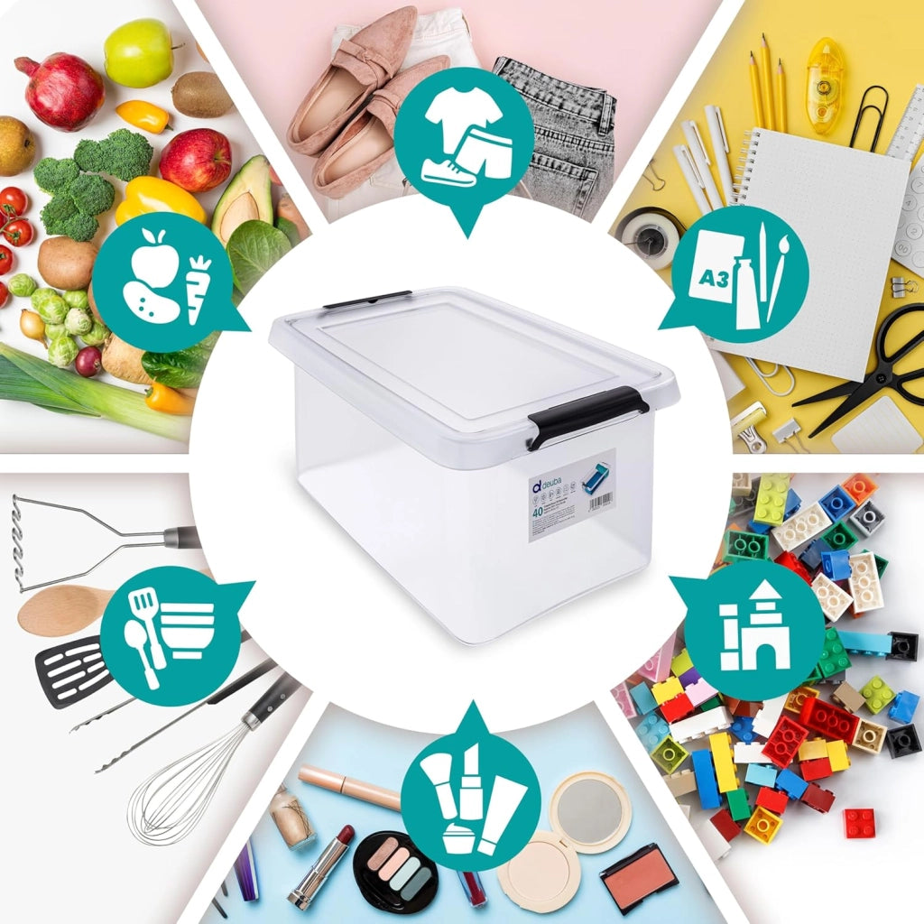 4x Contenitore Trasparente 40L con Coperchio BPA Free Scatole Impilabili Scatola Organizer Cucina Congelatore Contenitori Plastica Box