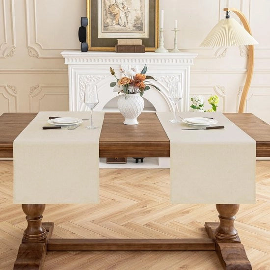 Tavolo da Pranzo in Beige 40x140cm (2 Pezzi), Decorazione da Tavola con Aspetto di Lino Lavabile Tovaglia da Tavola in Poliestere Idrorepellente con Effetto di Loto, Resistentente ai Graffi per Cucina Matrimoni Feste Natale