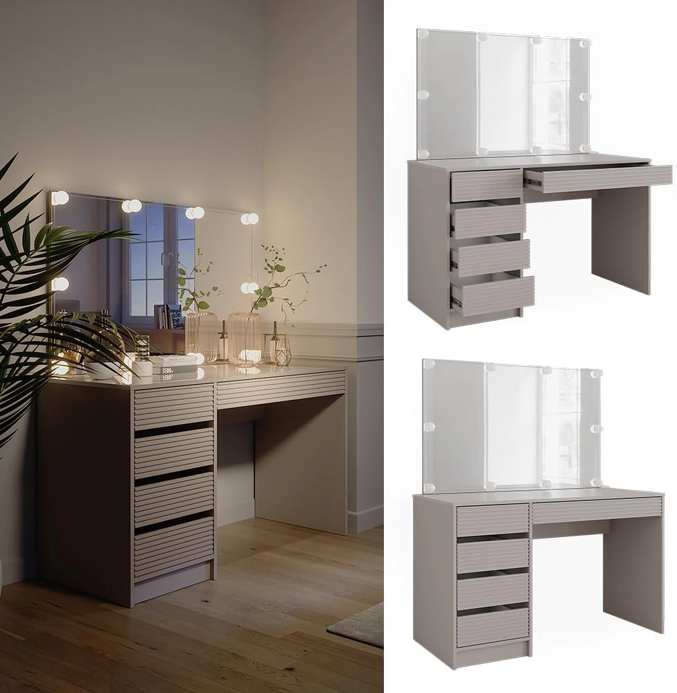 Tavolo da toilette Sherry, Cachemire, 120 cm con specchio e illuminazione a LED, con illuminazione LED e grande specchio rettangolare