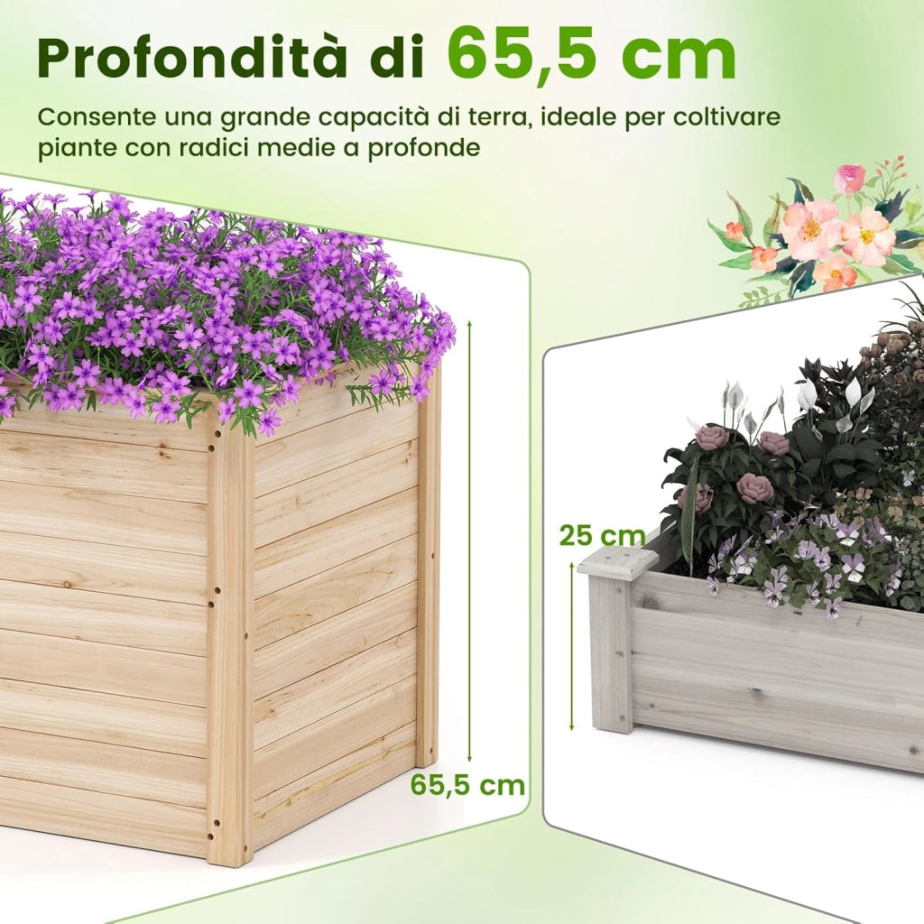 Letto da Giardino Rialzato in Legno, Fioriera Elevata con Base Aperta per Piante con Radici Profonde, Fioriera in Legno Massiccio per Patio, Balcone e Giardino, 100 x 64 x 65,5 cm