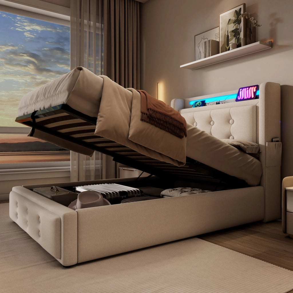 Letti contenitori 90x200 cm; testiera con LED e prese USB; cotone lino; beige (Senza materasso)