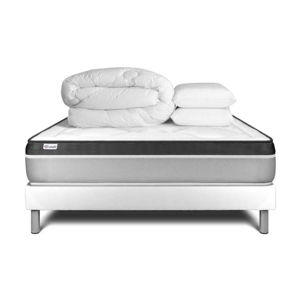 Pacchetto letto completo - Materasso 140x190cm + Box spring con doghe (in kit) + 2 cuscini + Piumino - Vital Ergo
