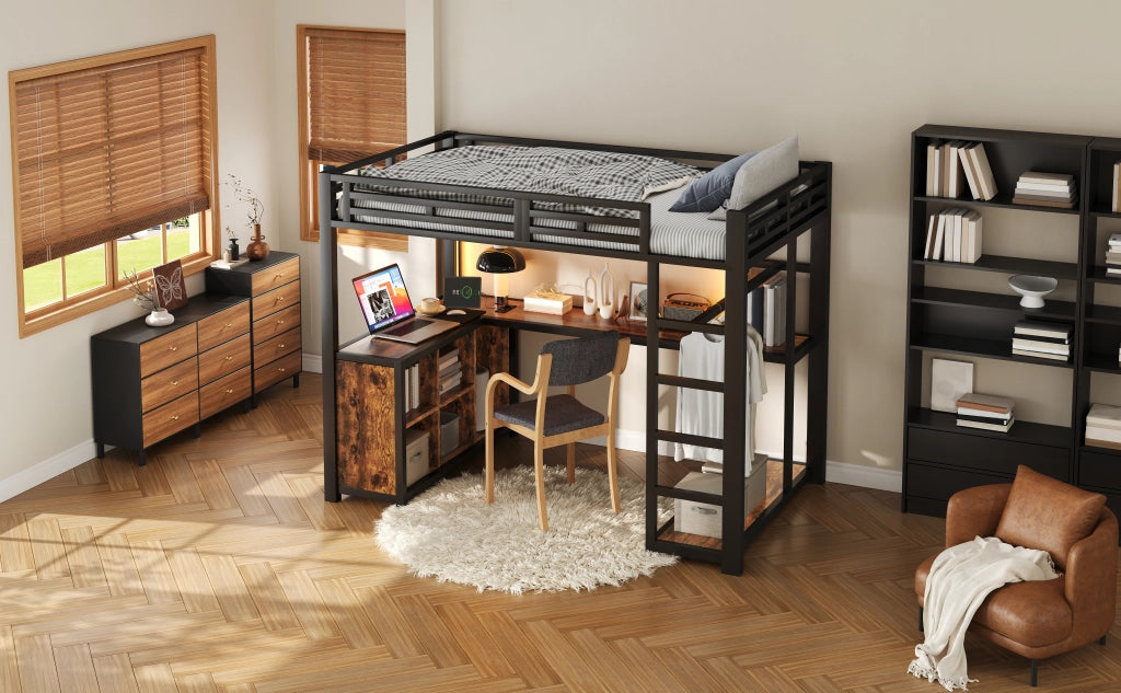 Letto a soppalco 140 × 200 cm con scrivania, LED, stazione di ricarica, armadio aperto, senza materasso, nero