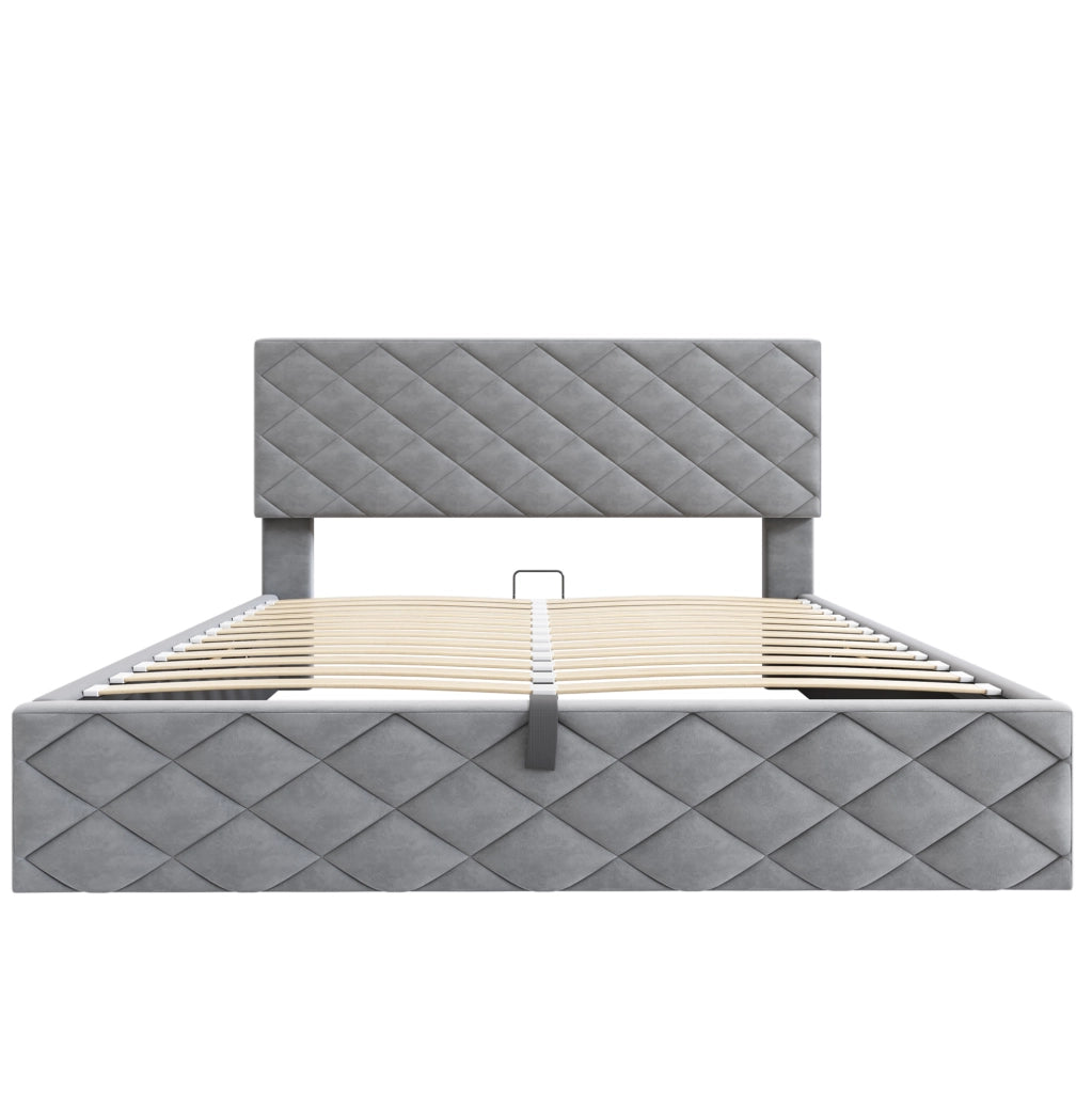 Letto imbottito grigio 140x200 cm con contenitore idraulico