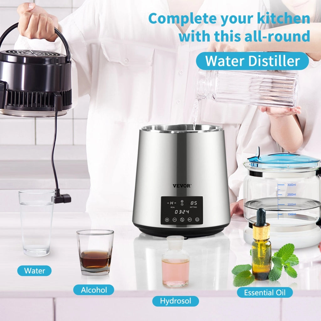 Distillatore d'Acqua YMK40207 3,9L in Acciaio Inox 304 e Vetro 750W 1L/h per Casa e Laboratorio Argento