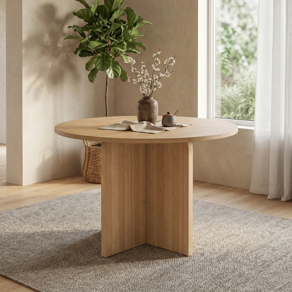 Tavolo rotondo da pranzo Ø120 cm in MDF effetto rovere, design scandinavo per 4-6 persone