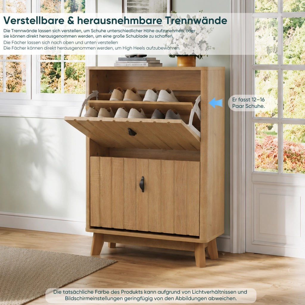 Scarpiera con 2 ante, ripiani regolabili e vano chiuso, stile nordico, per ingresso, in MDF e truciolare, rovere