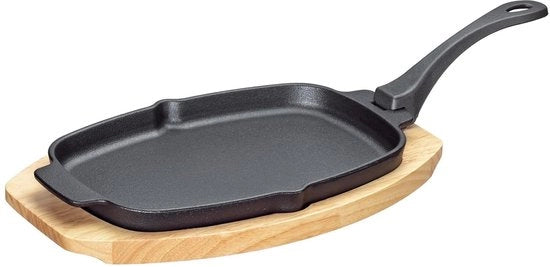 Grill pan in ghisa - ideale per la grigliata - 1 pezzo - con tavola in legno