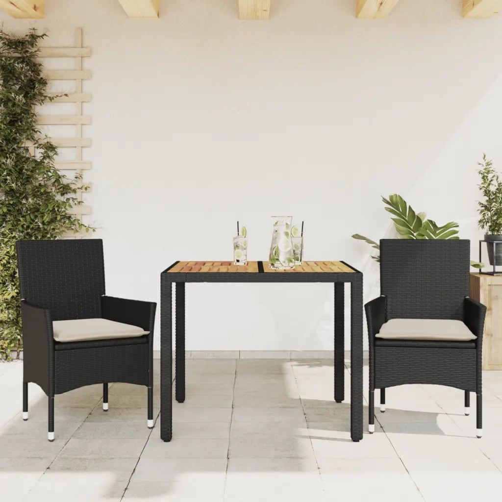 Set Pranzo da Giardino 3 pz | Set Salotto da Giardino con Cuscini Nero Polyrattan Acacia