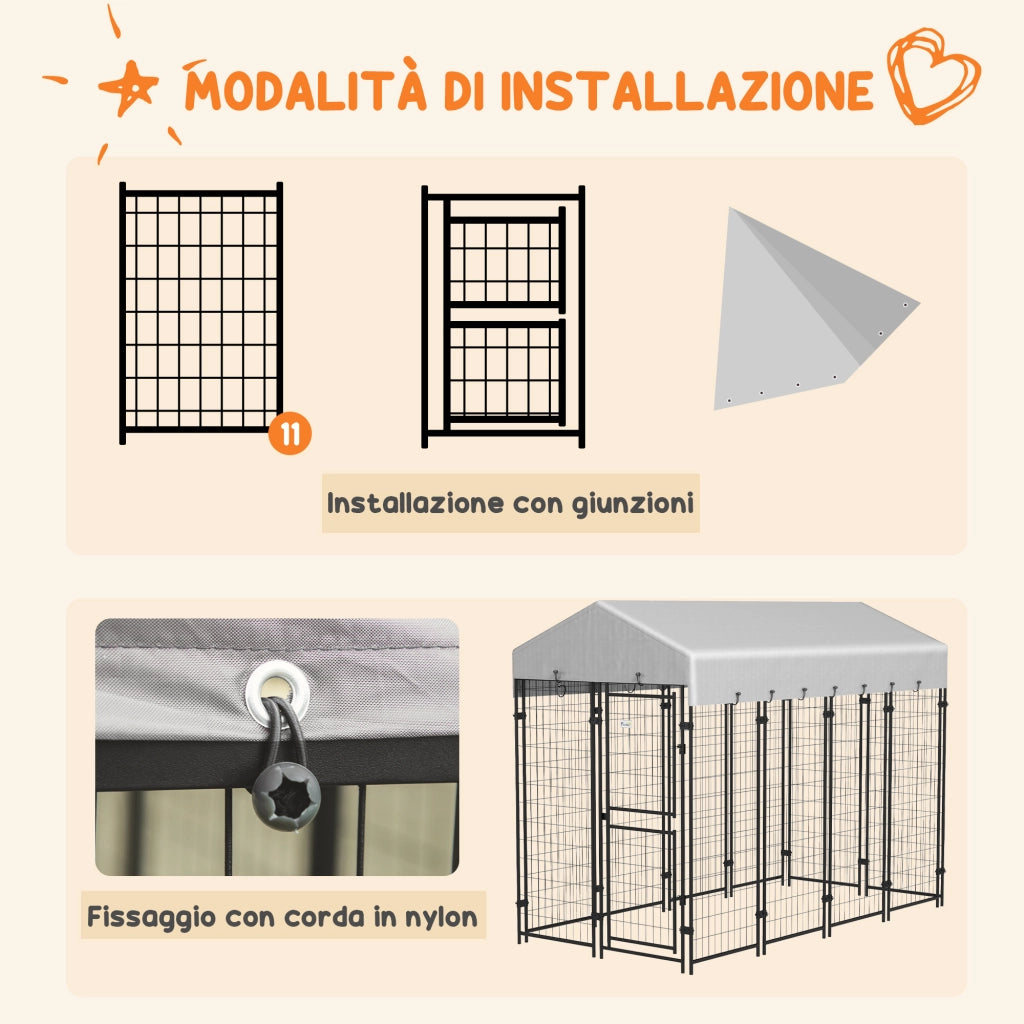 Recinto per Cani da Esterno con Tetto e Porta ¨C Minimal ¨C Argento Metallo 239x121x183 cm