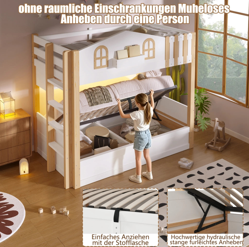 Letto a castello per bambini 90x200 cm a casetta; con contenitore idraulico; LED; bianco e naturale