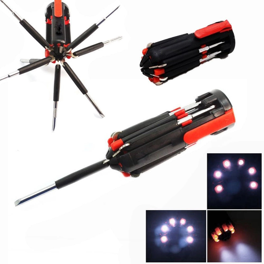 Trade Shop - Portatile 8 In 1 Multi Cacciavite Con 6 Led Torcia Tools Light Up Set -