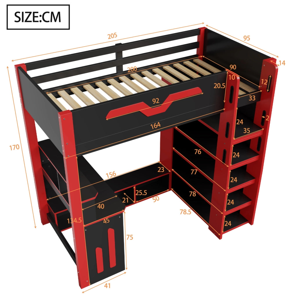 Letto a soppalco ULEVR 90x200 cm con scrivania, LED, 4 ripiani e vani contenitore, nero e rosso
