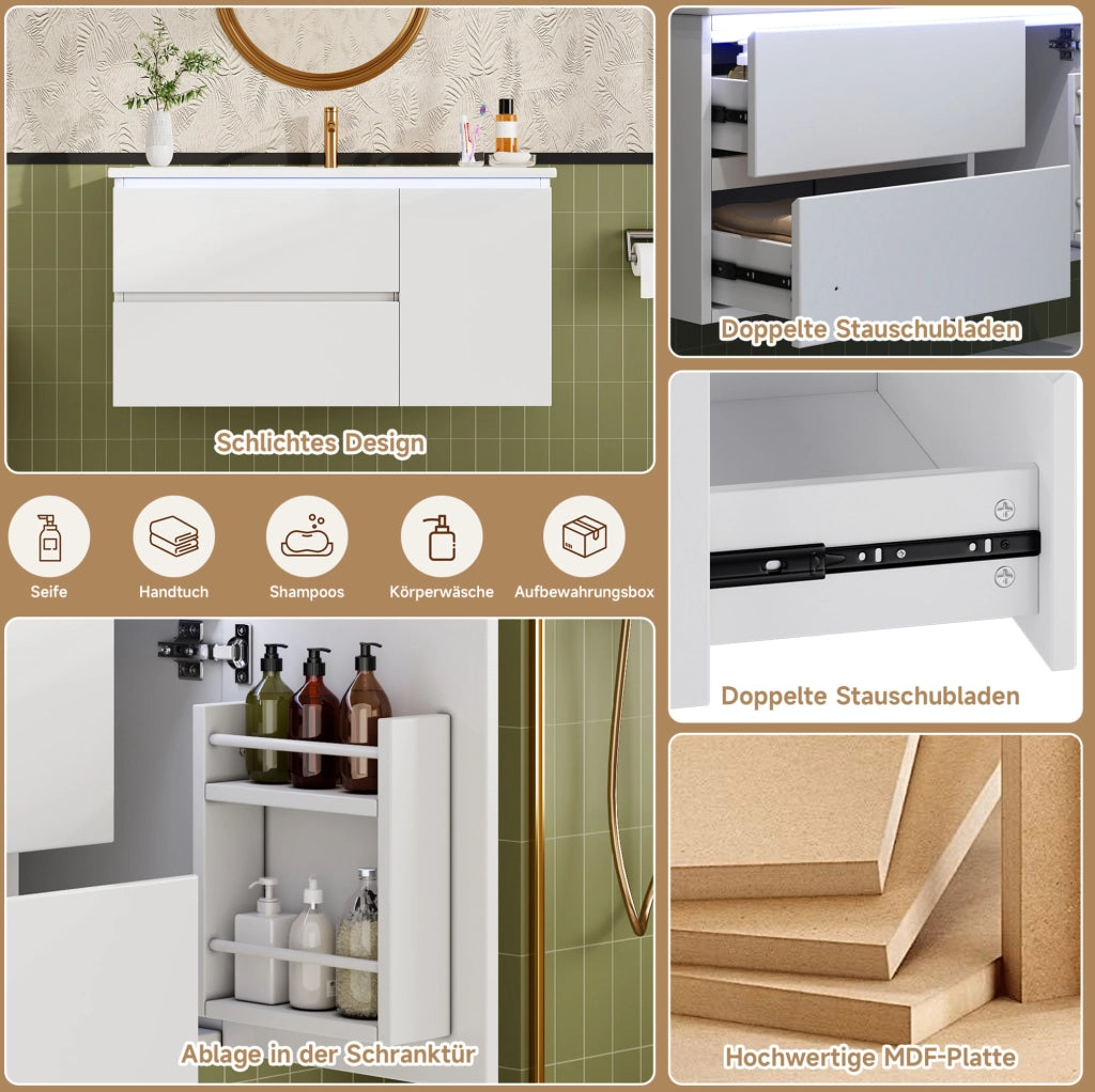 Mobile lavabo sospeso 91,5 cm bianco con LED e lavabo