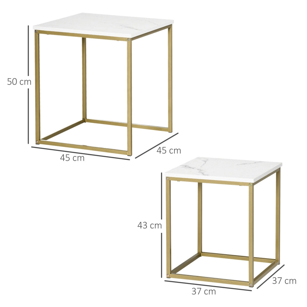Set 2 Tavolini Impilabili con Piano Quadrato in Acciaio e Truciolato Bianco e Oro