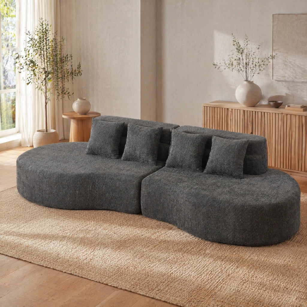 Divano modulare in ciniglia con schienale a strati e design arrotondato, componibile in due pezzi per interni moderni grigio