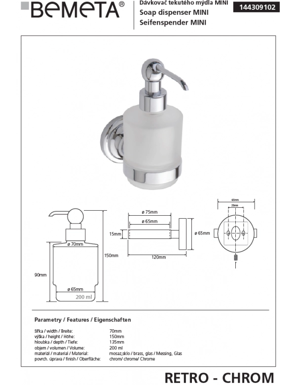Dispenser sapone RETRO in ottone cromato e vetro 7,35x15x13,5 cm / 200 ml