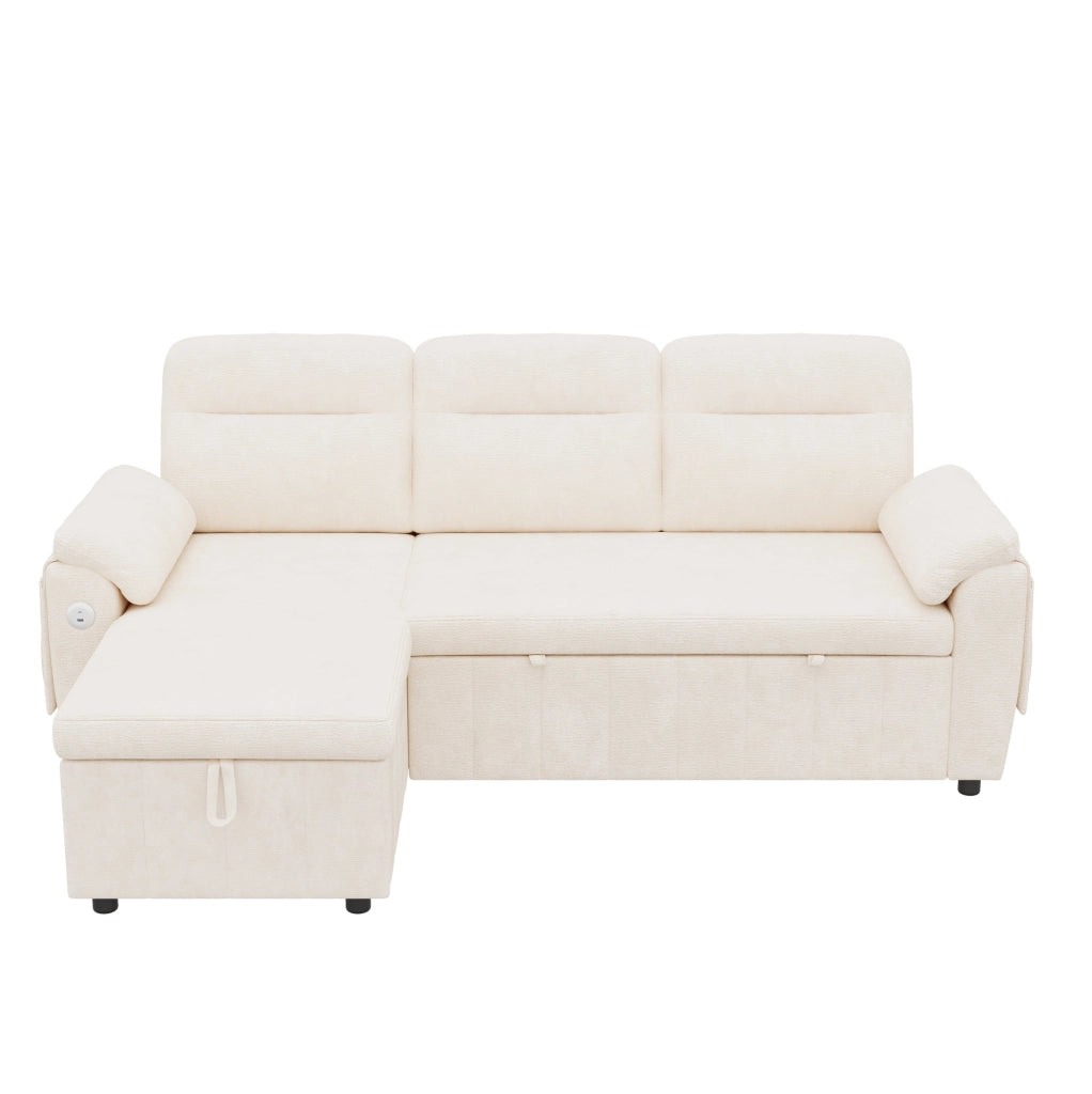 Divano angolare L convertibile con letto estraibile; chaise longue reversibile; USB/Type-C; beige