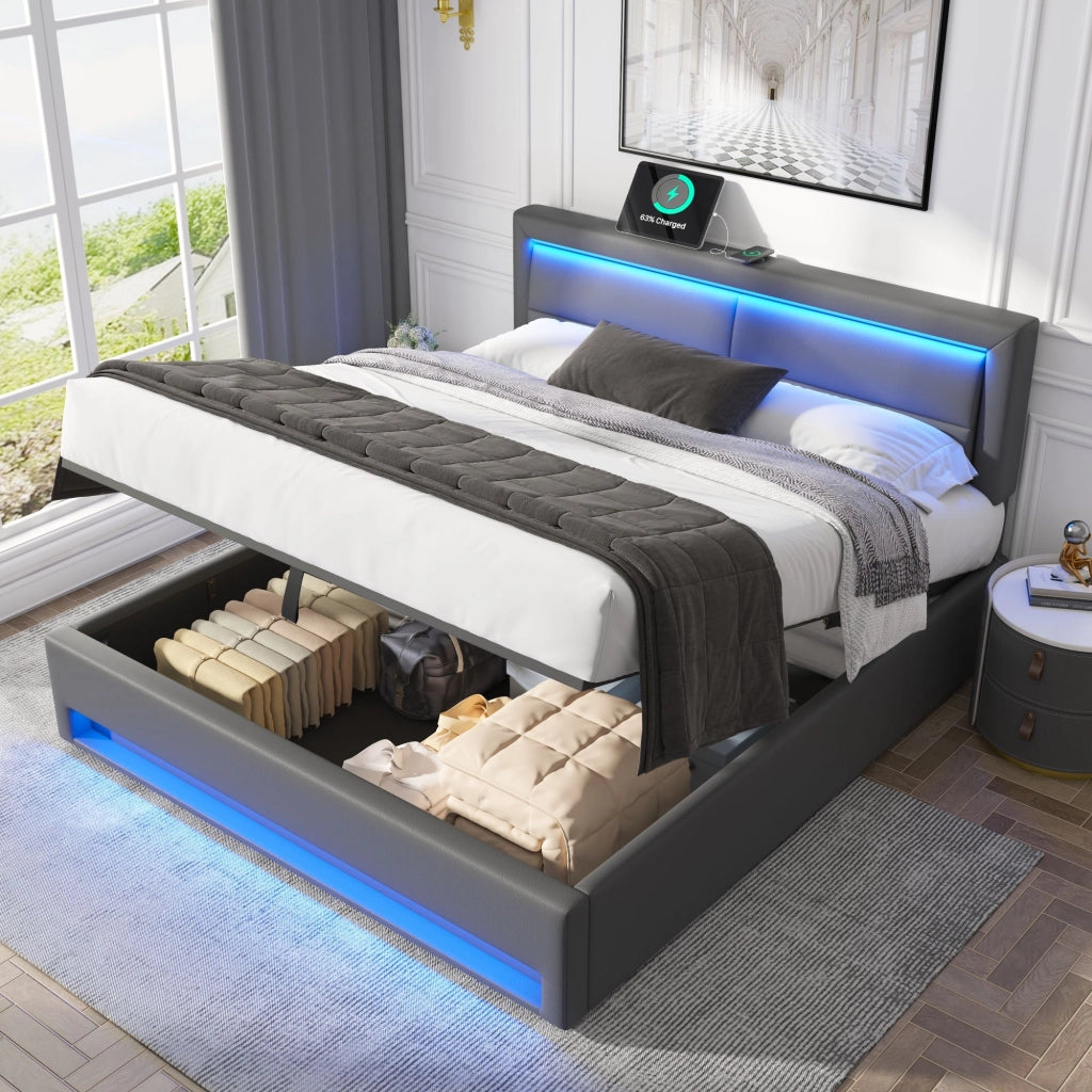 Letti contenitori 140x190 cm USB e LED con contenitore PU grigio (Senza materasso)