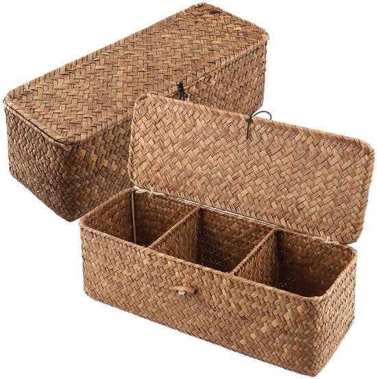 Cassetto di archiviazione a 3 cassetti con coperchio - 2 pezzi - Tessuto a mano - 32 x 12 x 11 cm - Adatto per l'organizzazione - Scatola di archiviazione