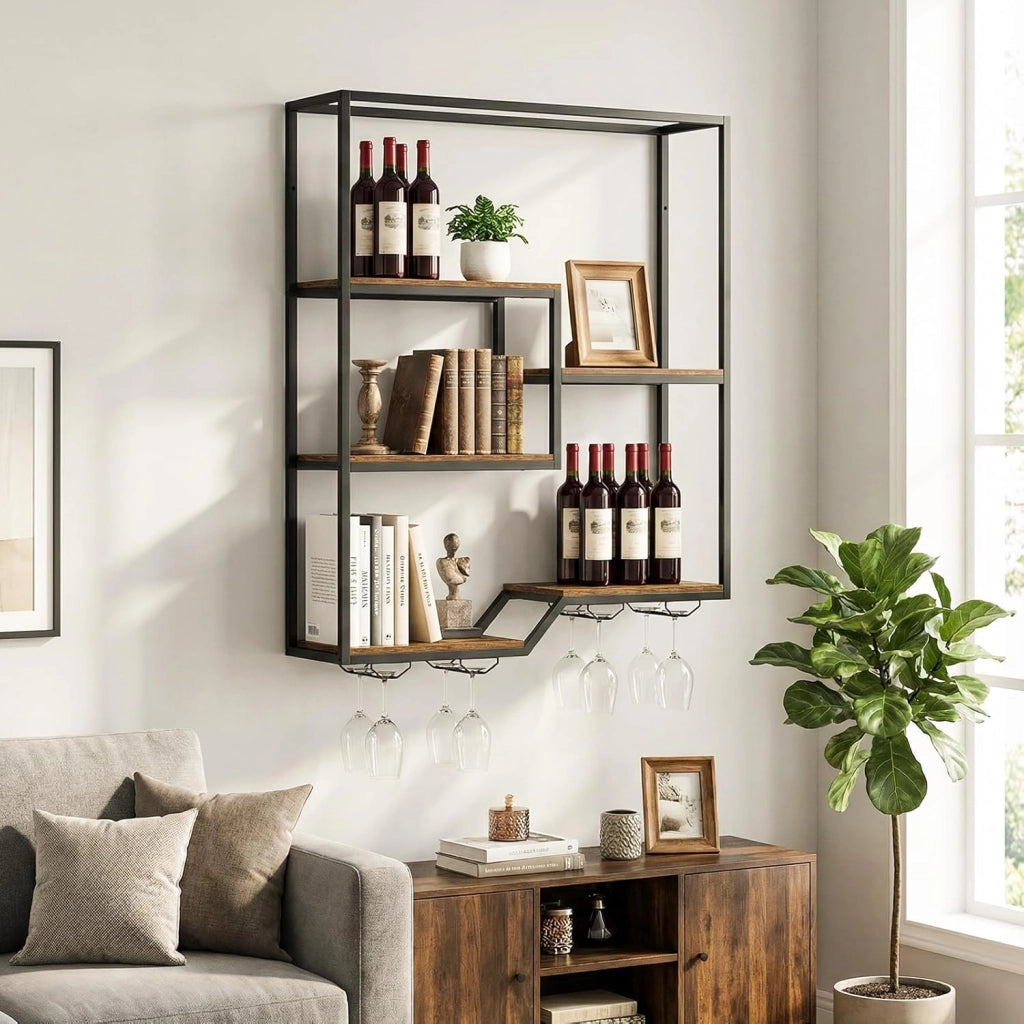 Portabottiglie da Parete, Portabottiglie di Vino Industriale in Metallo e Legno con 6 Mensole a Doppio Lato, Espositore Cantinetta Sospeso per Bar, Cucina e Ristorante, 102 x 30 x 112 cm