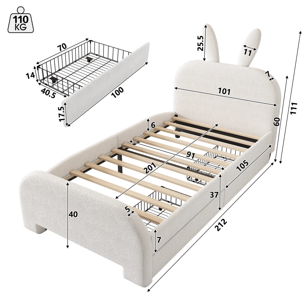 Letto singolo imbottito a coniglio 90x200 cm con 2 cassetti