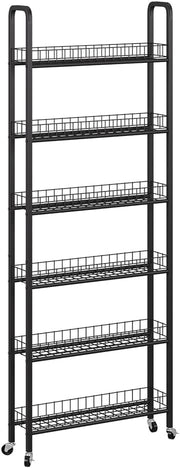 Piedistallo mobile Rolivo, Nero, 58 x 15 cm con 6 scomparti, posizionabile in modo flessibile su ruote per spazi stretti