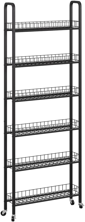 Piedistallo mobile Rolivo, Nero, 58 x 15 cm con 6 scomparti, posizionabile in modo flessibile su ruote per spazi stretti