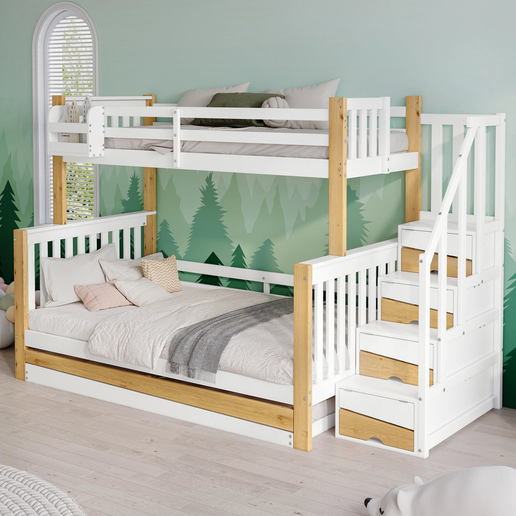 OKWISH Letto a Castello 90×200 cm e 120×200 cm, Letto 3 Posti con Letto Estraibile, Contenitori e Scala, senza Materasso, Bianco Naturale