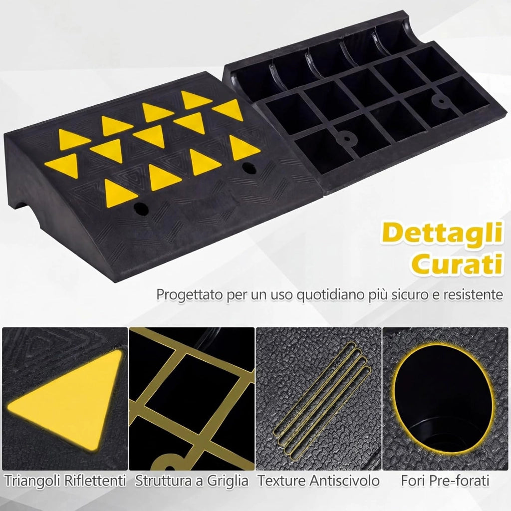 Set di 2 Rampe per Soglia, Rampa per Marciapiede in Gomma Antiscivolo con Strisce Riflettenti Triangolari Gialle e Fori di Drenaggio, Capacità Carico 15 Tonnellate (49 x 37 x 16cm)