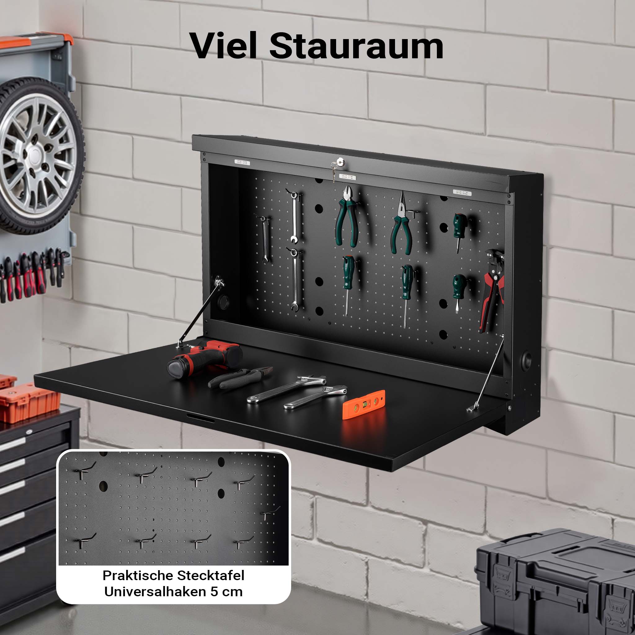 Banco da lavoro pieghevole a parete, portata fino a 50 kg, tavolo richiudibile con pannello porta attrezzi forato, in acciaio, 91,2 x 69 x 61 cm, con 2 chiavi, ideale per officine e garage