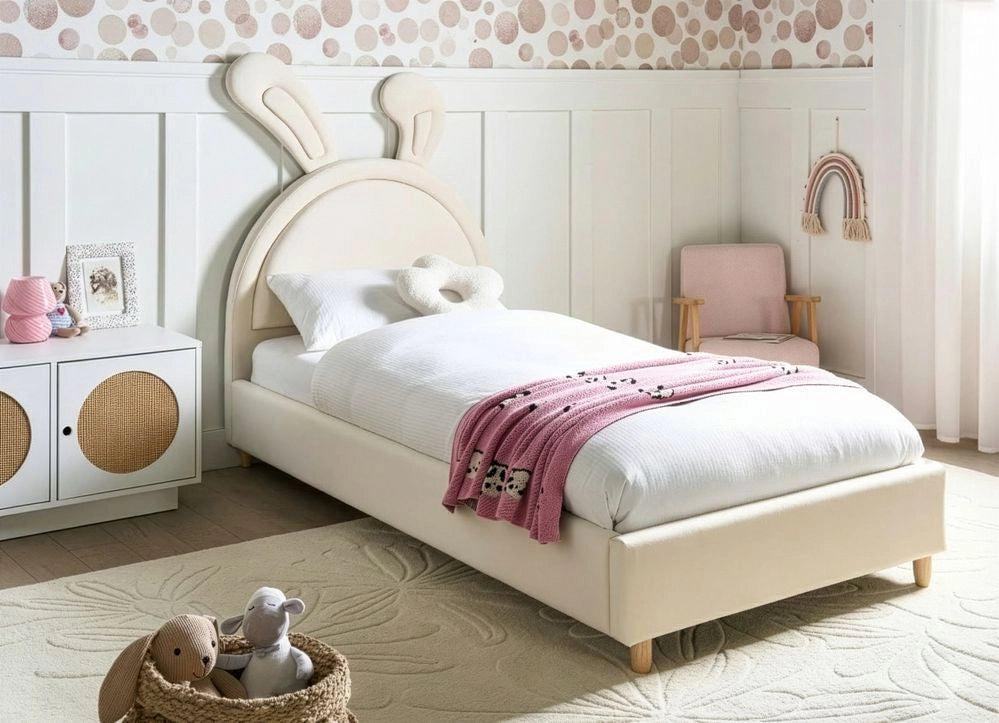 Letto moderno in velluto beige per bambini con base a doghe 90x200 cm cameretta Moderna