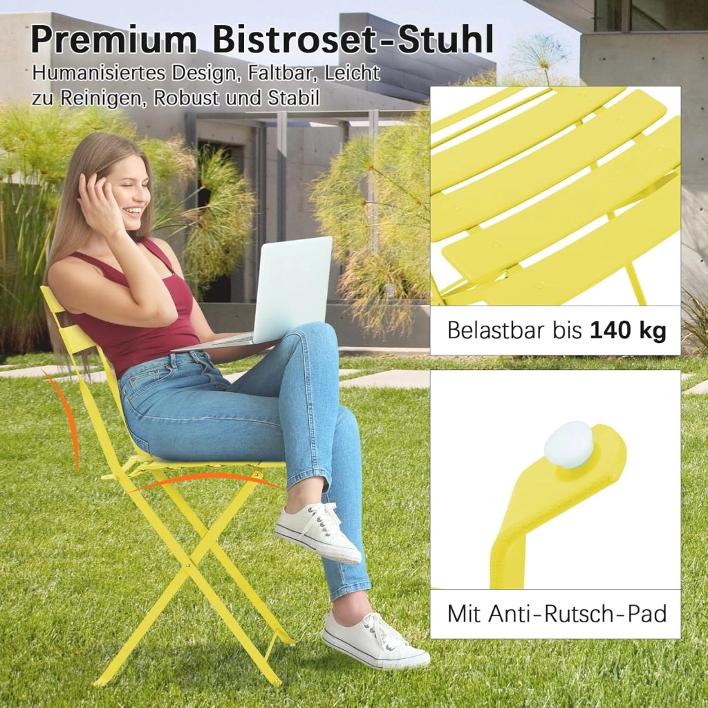 Set da Bistrot Pieghevole 3 Pezzi, Tavolo da Giardino Bistrot in Metallo, 1 Tavolo e 2 Sedie per Piccoli Balconi, Resistente alle Intemperie, per Balcone, Giardino e Terrazzo, Giallo